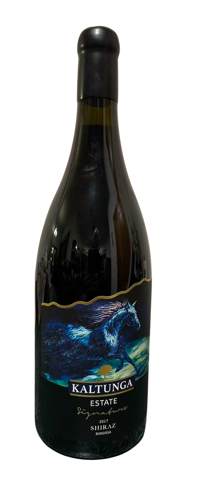 Sculpted Kaltunga Estate 2017 Blue Horse Shiraz bottle with Ma Dongmin blue-horse label